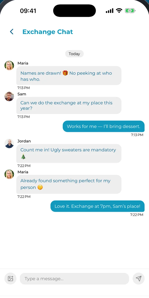 GiftSwap event chat with messages about the gift exchange