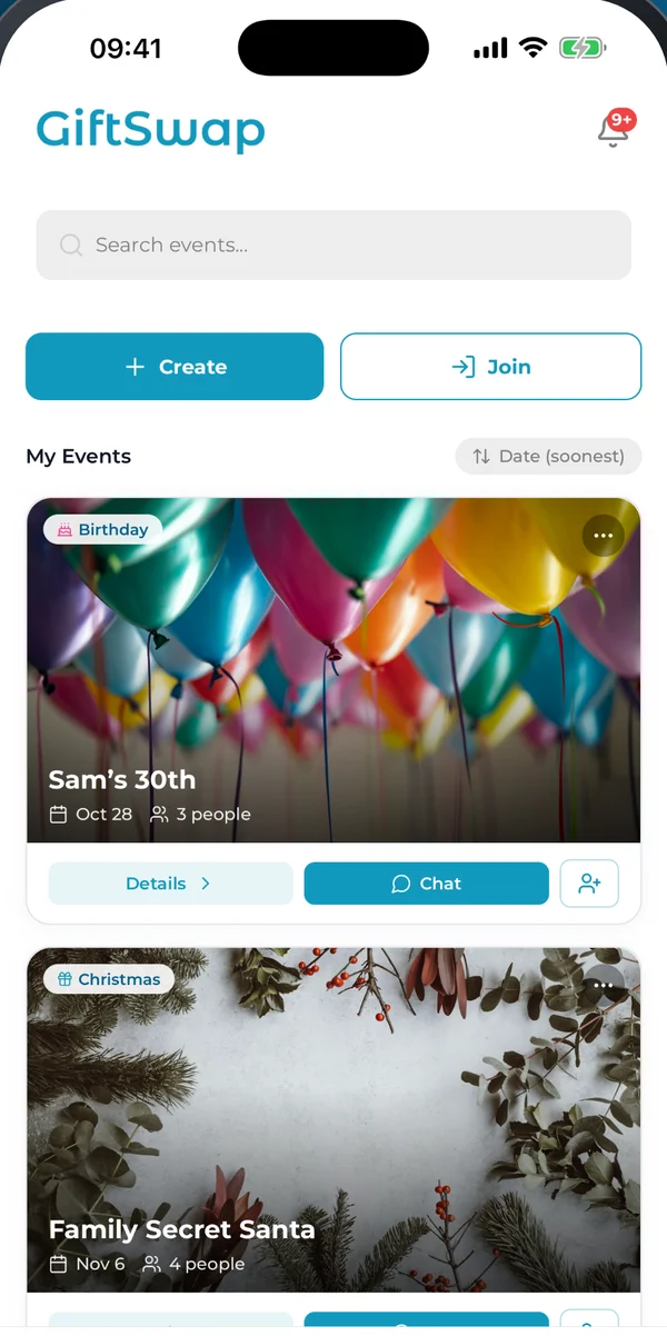 GiftSwap home screen with upcoming events