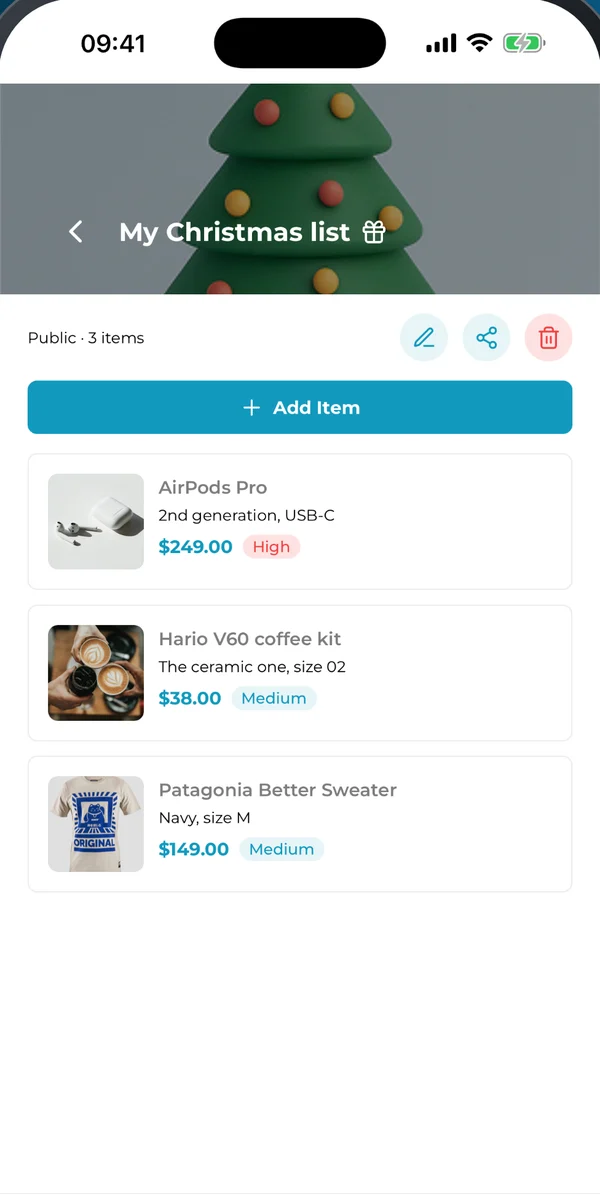 GiftSwap wishlist screen with AirPods, a coffee kit and a sweater